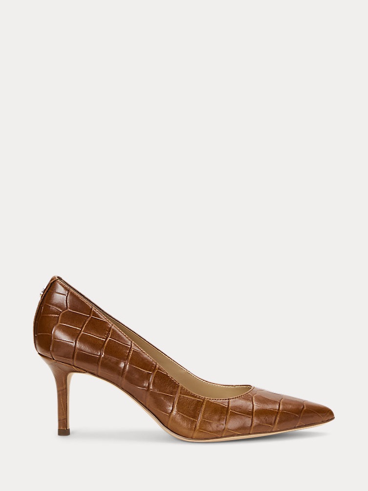 New Ralph Lauren Classic Pointed-Toe Croc-Embossed Leather Pump - Brown